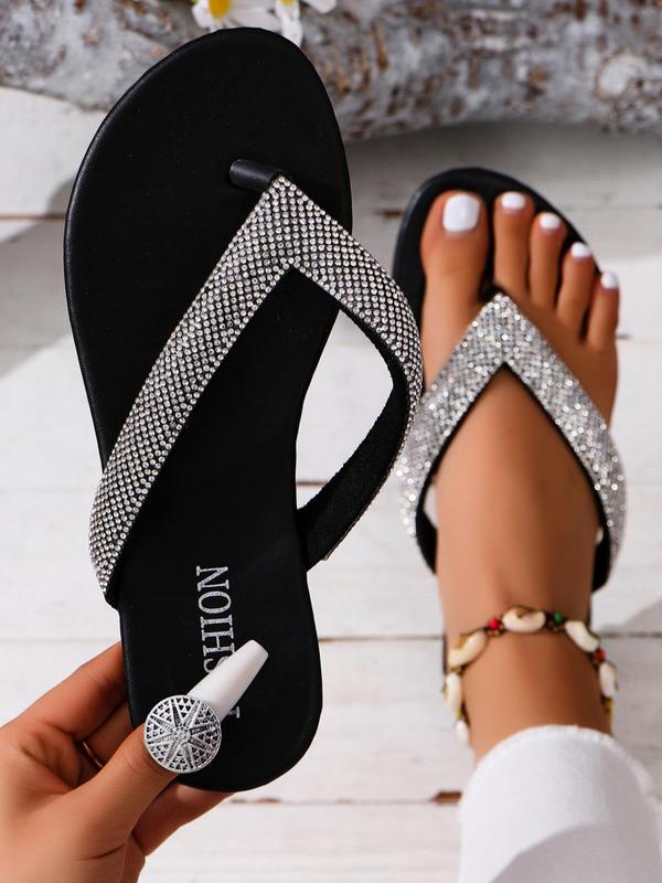 Women's Summer Rhinestone Decorated Flat Flip Flops, Fashionable Casual Versatile Beach Slippers, Comfort Beach Shoes for Women & Girls, Walking Shoes, Footwear Sandal