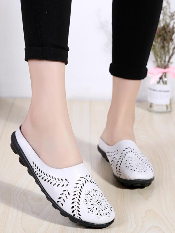 Women's Summer 2024 Fashionable Solid Color Round Toe Flat Shoes, Casual Comfortable Breathable Slippers, Female Simple Shoes for Daily Wear