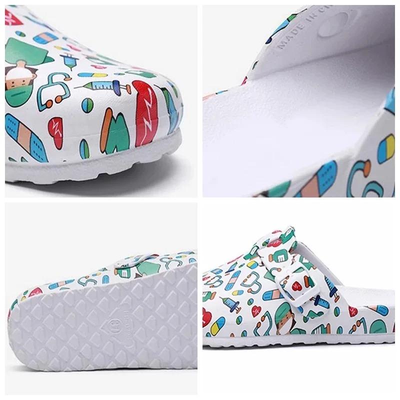 Nurses Doctors CNAs CMAs Med Techs Healthcare Workers Cartoon Print Platform EVA Clogs Mules - Girls Walking Shoes with Beautiful Print - Women Footwear Comfort Lightweight Buckle