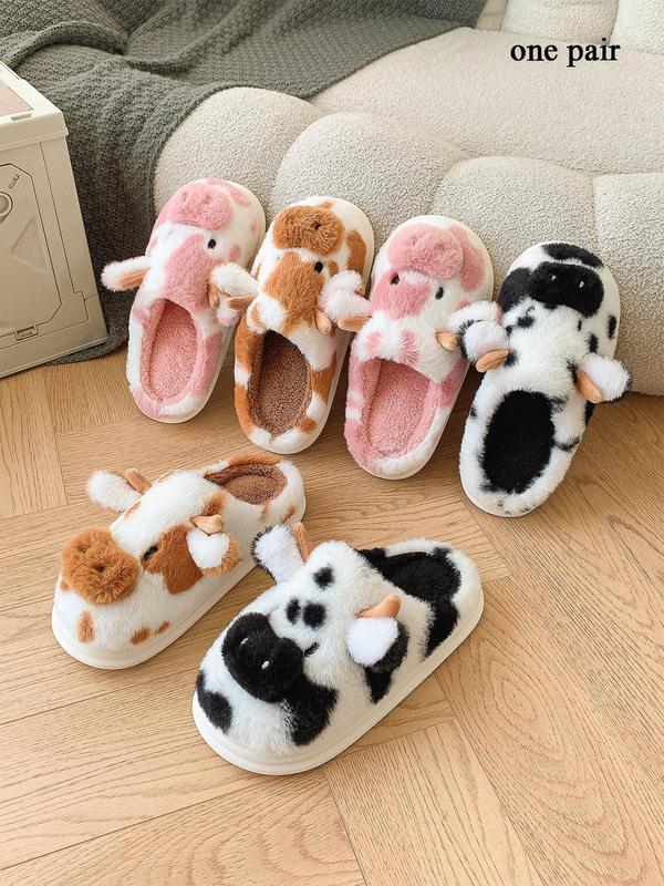 Women's Cute Cow Design Plush Slippers, Casual Soft Comfortable Home Slippers, Warm Slippers for Indoor & Outdoor Use for All Seasons