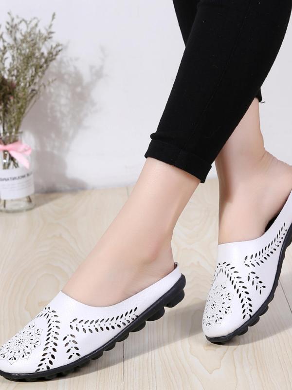 Women's Summer 2024 Fashionable Solid Color Round Toe Flat Shoes, Casual Comfortable Breathable Slippers, Female Simple Shoes for Daily Wear