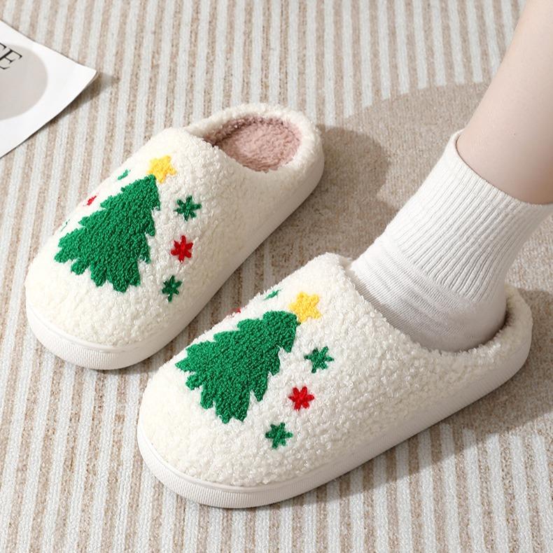 Christmas Tree Slippers Memory Foam for Women Men, Cozy Plush Warm Non-Slip Holiday Slides Non-Slip Soft Plush Slip-on Wool Lined House Shoes Indoor Outdoor