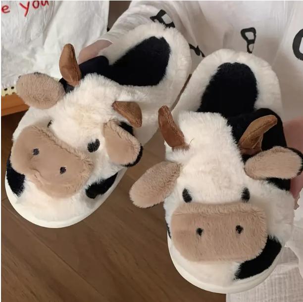 Cow Pattern Plush Slippers - Soft Fabric Lining, Cartoon Design, Comfortable Indoor Shoes with TPR Sole for Cozy Home Wear - Casual Slip-On Style Walking Shoes Footwear