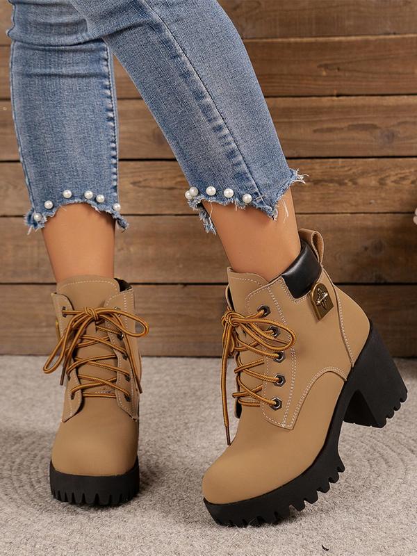 Women's Fashionable Solid Color Patched Design Lace Up Boots, Casual Comfortable Round Toe Boots for Daily Wear, Female All-match Trendy Shoes for Fall & Winter