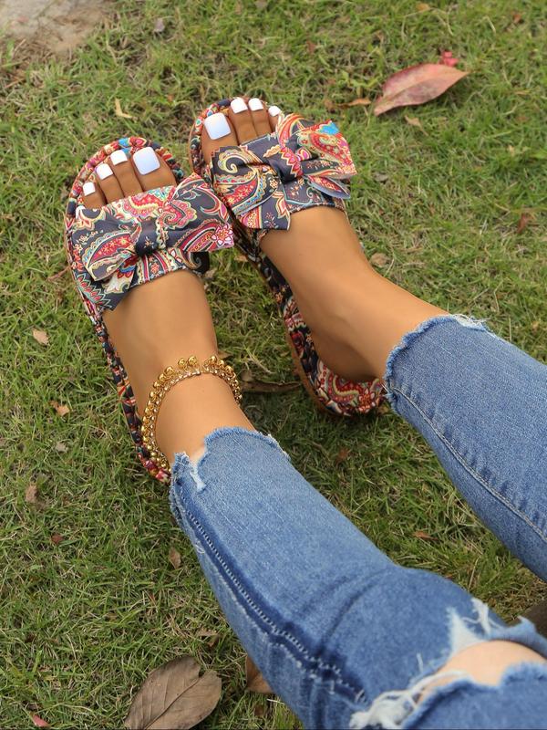 Women's Fashionable Paisley   Floral Pattern Bowknot Design Slippers, Casual Comfortable Slippers for Beach, Outdoor, Daily Wear