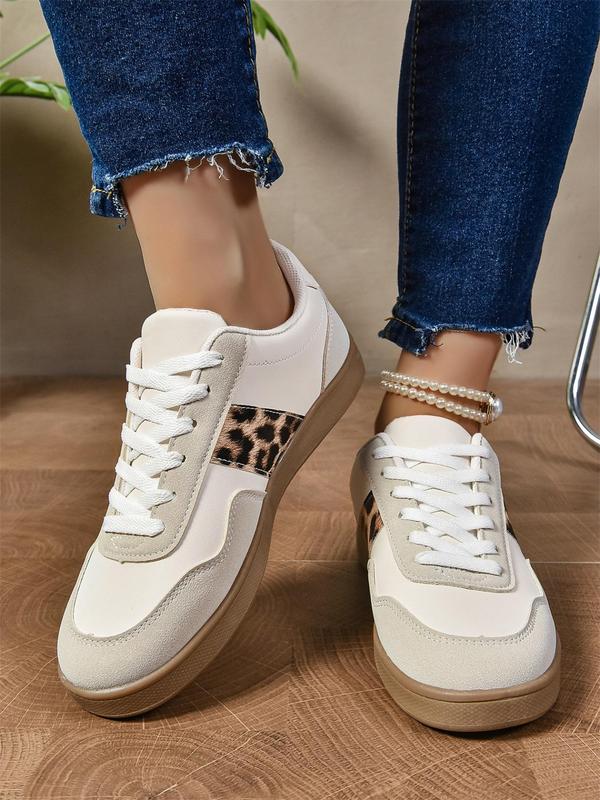 Women's Fashion Leopard Patchwork Print Lace Up Low Top Sneakers, Casual Comfortable Sports Running Shoes, Female All-match Round Toe Shoes for Daily Wear