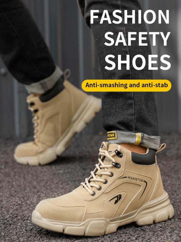 Men's Letter Print Lace Up Training Shoes, Casual Comfortable Breathable Non-slip Work Shoes, Fashionable Anti-smash and Anti-puncture Shoes for Daily Wear