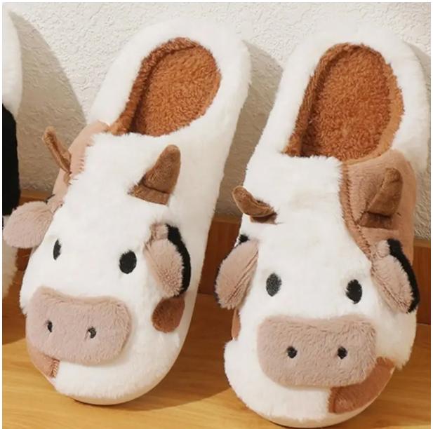 Cow Pattern Plush Slippers - Soft Fabric Lining, Cartoon Design, Comfortable Indoor Shoes with TPR Sole for Cozy Home Wear - Casual Slip-On Style Walking Shoes Footwear