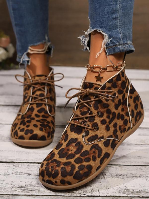 Fashion Leopard Print Lace Up Mid Top Sneakers, Casual Comfortable Sports Shoes for Daily Wear, Female All-match Round Toe Shoes, Women's Sneakers