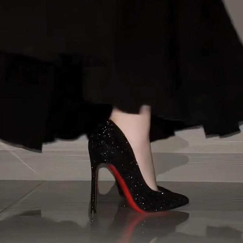 Sequined Red High Heels Women's New Black Thin Heel Pointed Toe Beautiful Professional Temperament Pumps