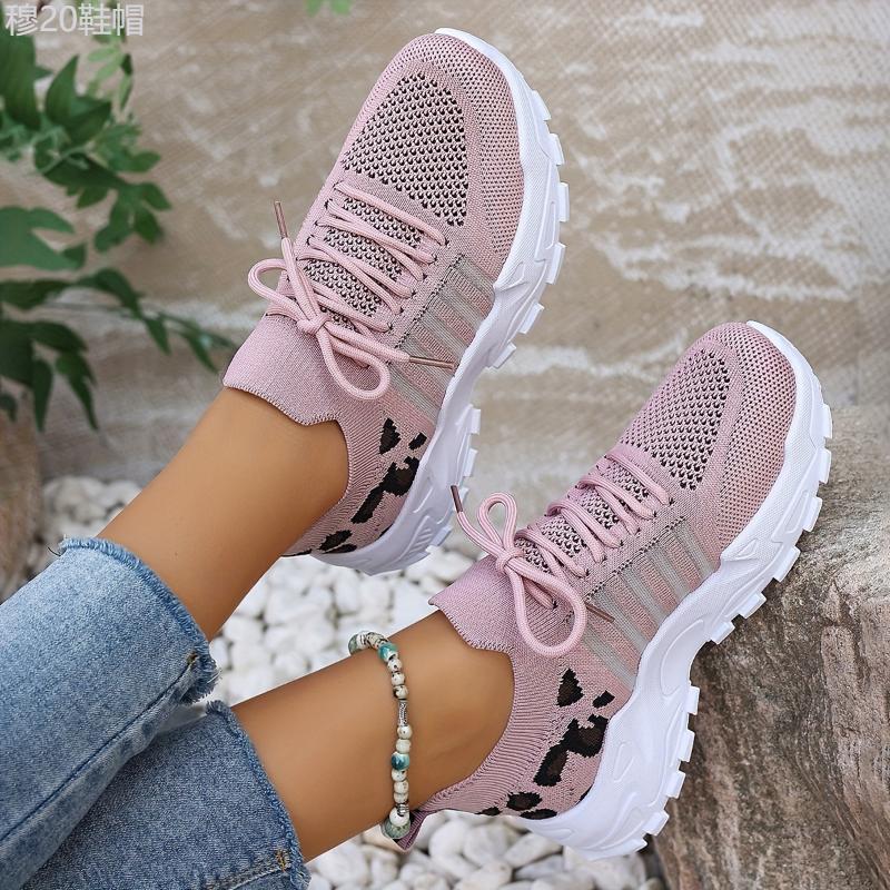 Women's Casual Sports Shoes, Flying Woven Leopard Print Breathable Lace-up Running Shoes, Comfortable Platform Shoes Plus Size Closed Trainer