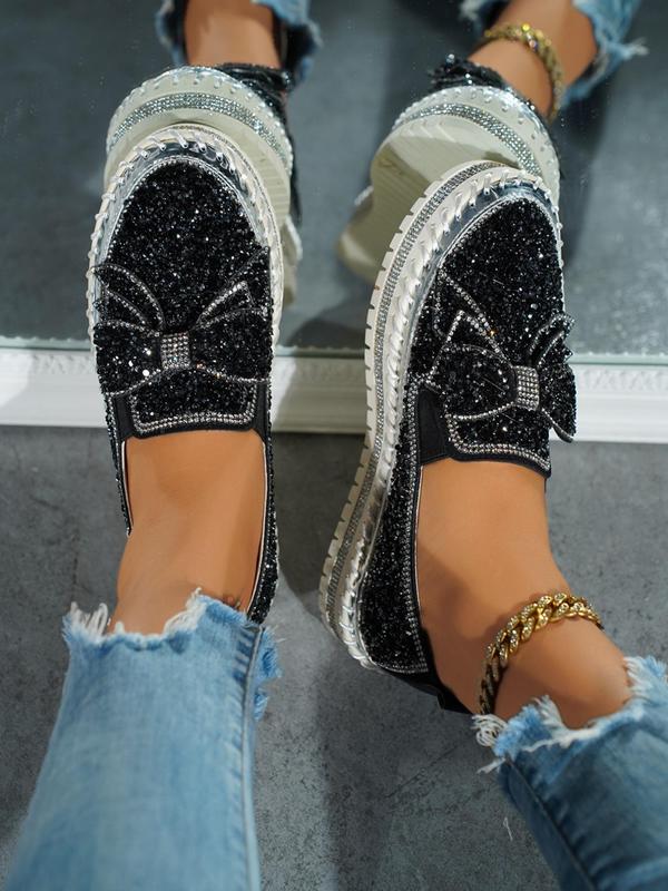 Women's Rhinestone Bow Decorated Slip on Loafers, Fashionable Glitter Decorated Platform Shoes, Elegant Casual Comfortable Shoes for Daily Wear Fall Shoes