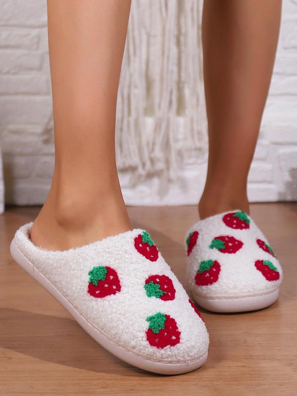 Women's Cute Strawberry Pattern Bedroom Slippers, 2024 Fashionable Slippers with Fruit Feature, Casual Trendy Fluffy Slippers for Indoor for Fall & Winter, Girl's Walking Shoes, Footwear