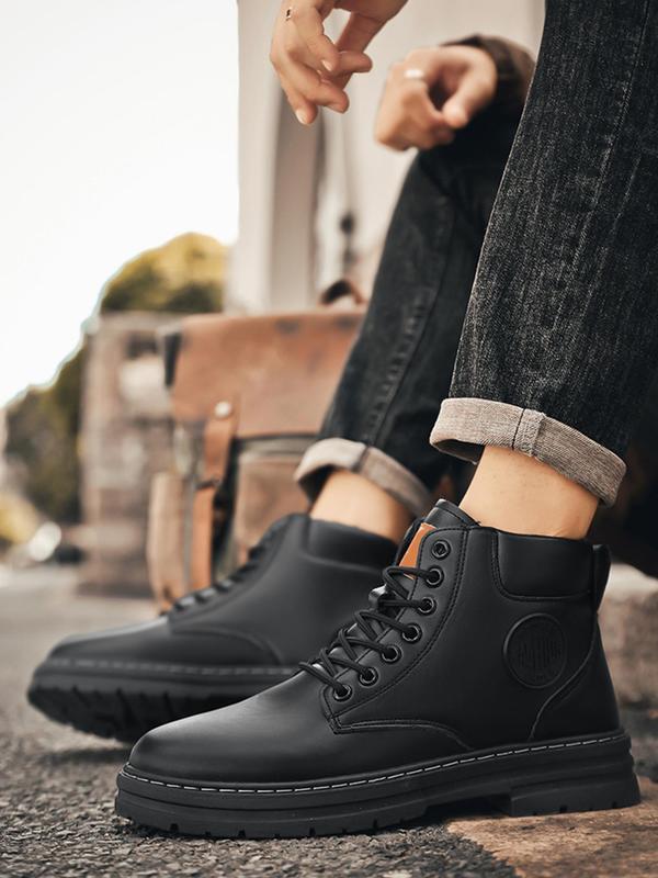 Men's Fashionable Lace Up Patched Design Work Boots, Casual Comfortable Mid-calf Boots for Daily Wear, Fashion Shoes for Party, Daily Clothing Decor