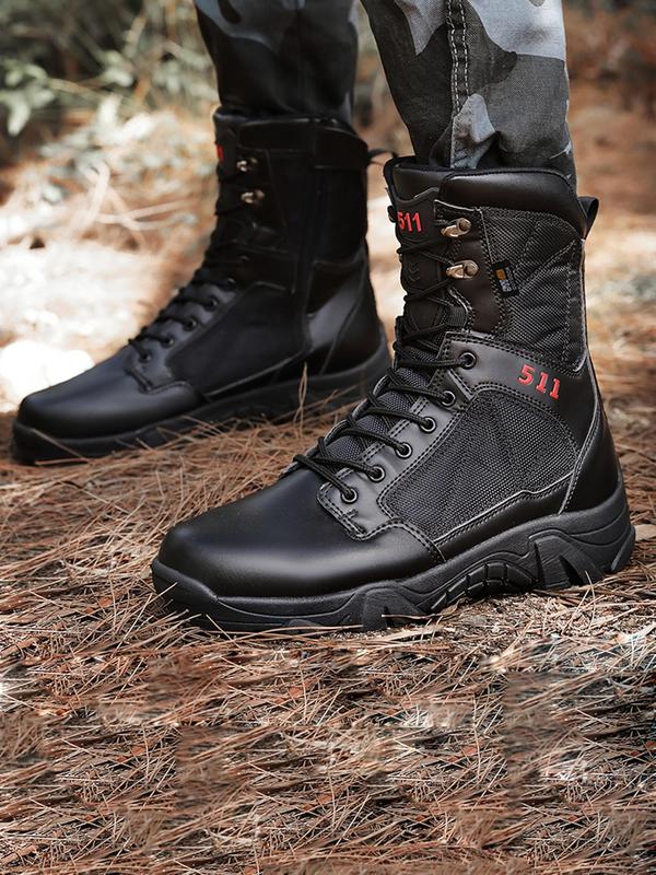 Men's Fashionable Patchwork Design Side Zipper Combat Boots, Lightweight Combat Boots, Outdoor Jungle Army Boots, Hiking Boots