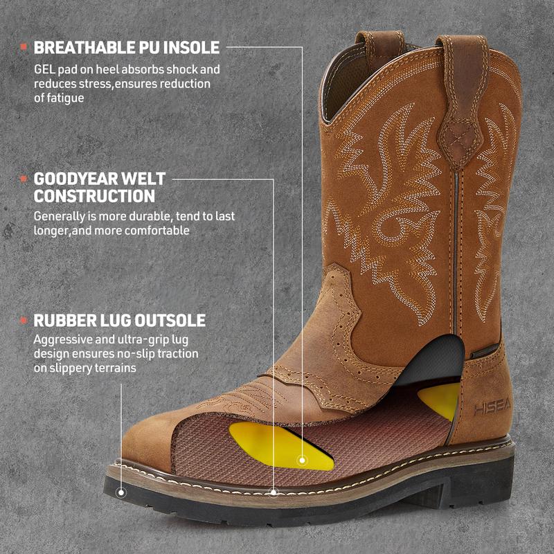 Men's Western Cowboy Boots Square Toe Steel Toe Work Boots Men's Safety Toe Leather Work Boots Design Footwear Walking Shoes Construction Work Closed Comfort Working Boots Rubber Chef