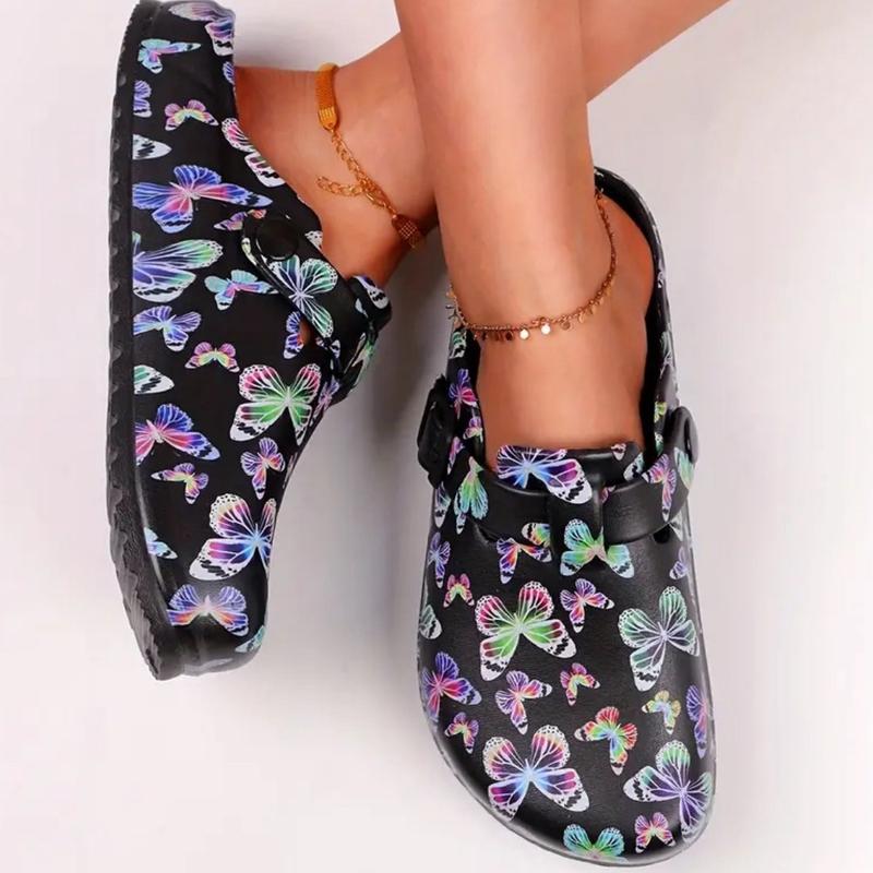 Women's Rainbow Butterfly Print EVA Slip-On Clogs with Cap Toe and Flat Heel for Beach & Garden Activities - Nail Footwear Comfort Shoe Walking Shoes