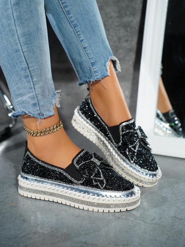 Women's Rhinestone Bow Decorated Slip on Loafers, Fashionable Glitter Decorated Platform Shoes, Elegant Casual Comfortable Shoes for Daily Wear Fall Shoes