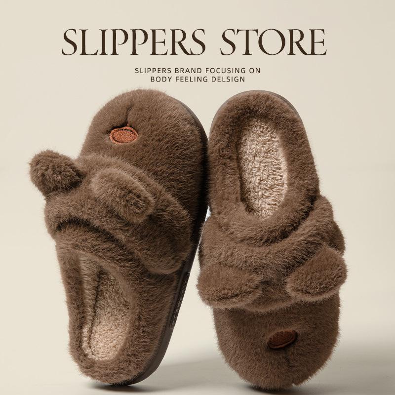 Cute cat bow couple cotton drag lady winter indoor home heating plush thick bottom fluffy slippers men