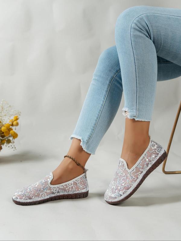 Women's Fashionable Embroidered Contrast Sequin Slip on Flats, Casual Comfortable Breathable Fabric Flat Shoes, Female All-match Round Toe Shoes for Daily Wear