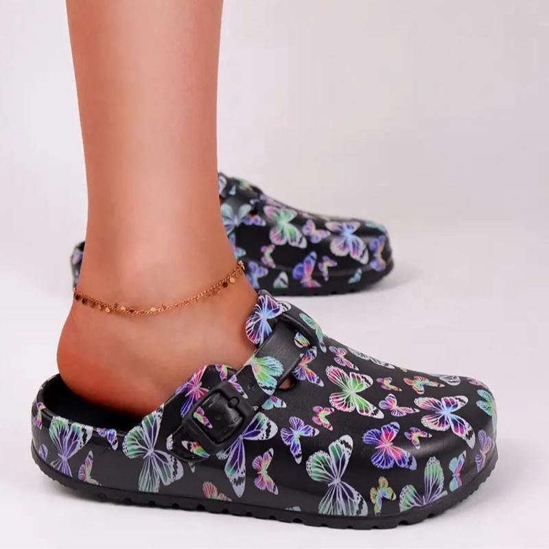 Women's Rainbow Butterfly Print EVA Slip-On Clogs with Cap Toe and Flat Heel for Beach & Garden Activities - Nail Footwear Comfort Shoe Walking Shoes