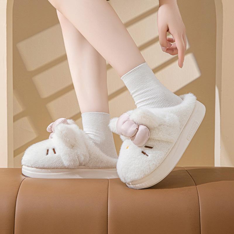 Cute cat bow couple cotton drag lady winter indoor home heating plush thick bottom fluffy slippers men