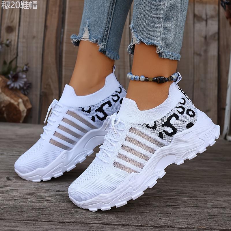 Women's Casual Sports Shoes, Flying Woven Leopard Print Breathable Lace-up Running Shoes, Comfortable Platform Shoes Plus Size Closed Trainer