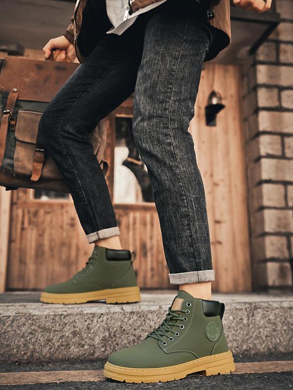 Men's Fashionable Lace Up Patched Design Work Boots, Casual Comfortable Mid-calf Boots for Daily Wear, Fashion Shoes for Party, Daily Clothing Decor