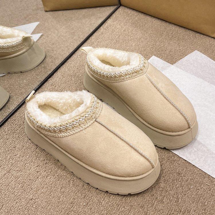 Women's Uggs and fleece-fur warm platform slippers Sponge sole cotton shoes without a heel for women