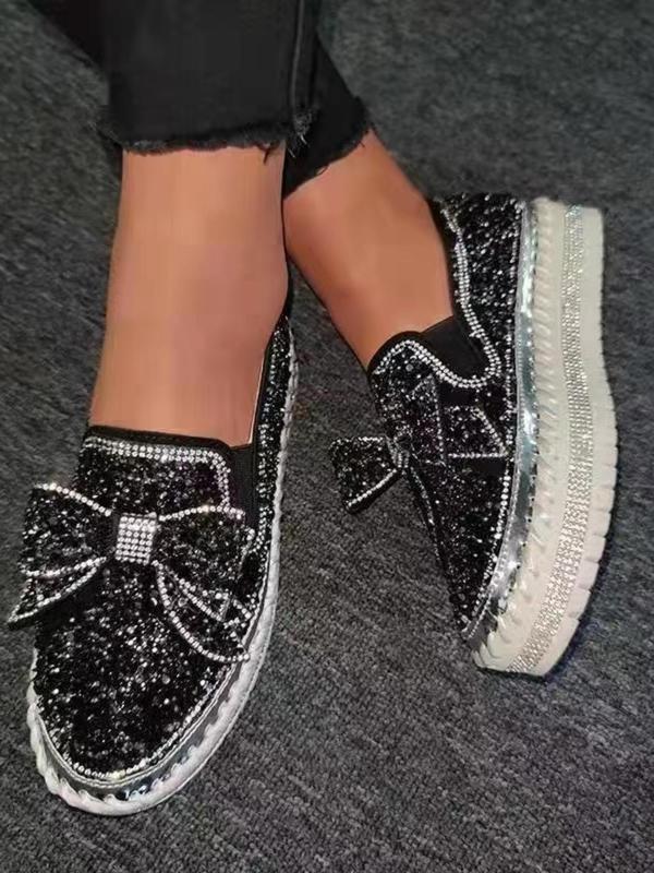 Women's Rhinestone Bow Decorated Slip on Loafers, Fashionable Glitter Decorated Platform Shoes, Elegant Casual Comfortable Shoes for Daily Wear Fall Shoes