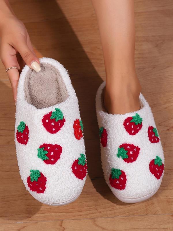 Women's Cute Strawberry Pattern Bedroom Slippers, 2024 Fashionable Slippers with Fruit Feature, Casual Trendy Fluffy Slippers for Indoor for Fall & Winter, Girl's Walking Shoes, Footwear