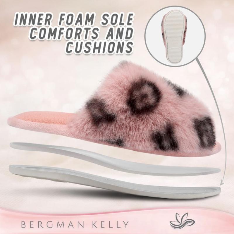 Bergman Kelly Women's Fuzzy Faux Fur Slide Slippers, Starlet Collection - Scuff Style (US Company) pink bedroom