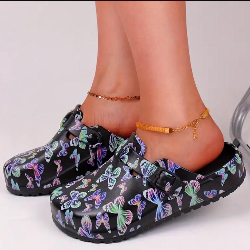 Women's Rainbow Butterfly Print EVA Slip-On Clogs with Cap Toe and Flat Heel for Beach & Garden Activities - Nail Footwear Comfort Shoe Walking Shoes