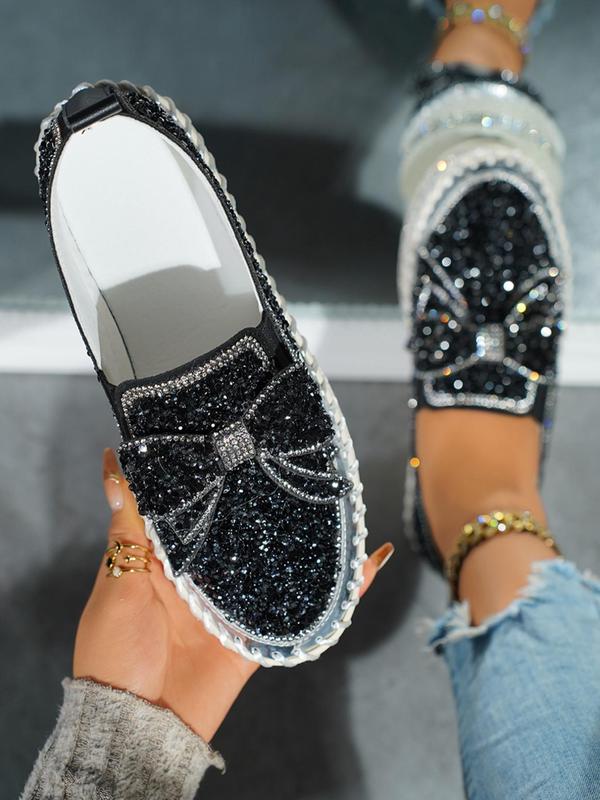 Women's Rhinestone Bow Decorated Slip on Loafers, Fashionable Glitter Decorated Platform Shoes, Elegant Casual Comfortable Shoes for Daily Wear Fall Shoes