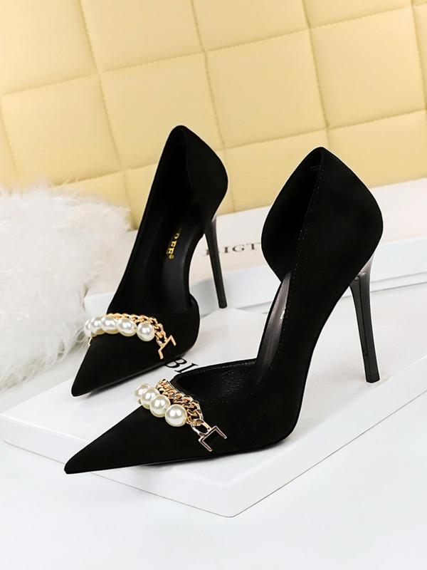 Women's Faux Pearl & Chain  Decorated High Heel Shoes, Elegant Pointed Toe Pumps for Party, Banquet, Fashionable Shoes for Daily Wear