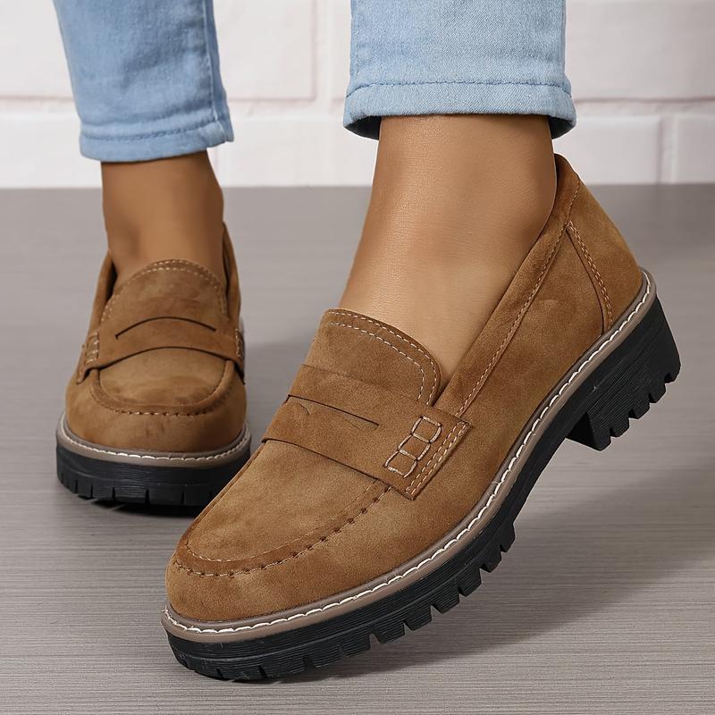 Women's Retro Solid Color  Chunky Loafers, Round Toe Slip On Shoes, All-Match Faux Leather Shoes Footwear Walking Shoes