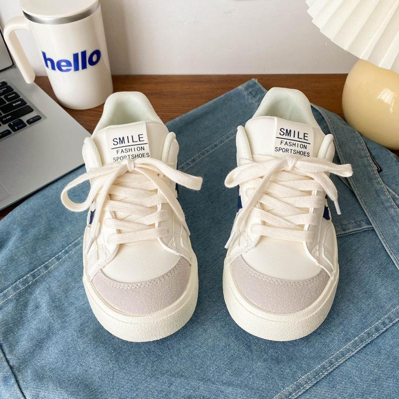 Women's White Shoes New Flat Color-Blocking Versatile Sports Platform Casual Sneakers for Students