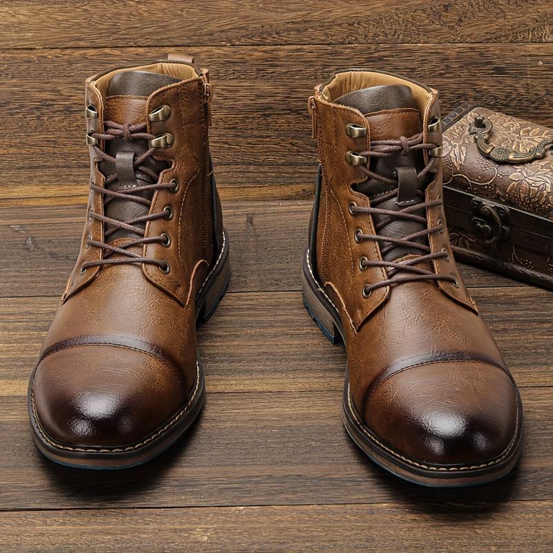 Men's Vintage Cap Head LASE-up Boots, Side Zipper, Casual PU Leather Walking Shoes