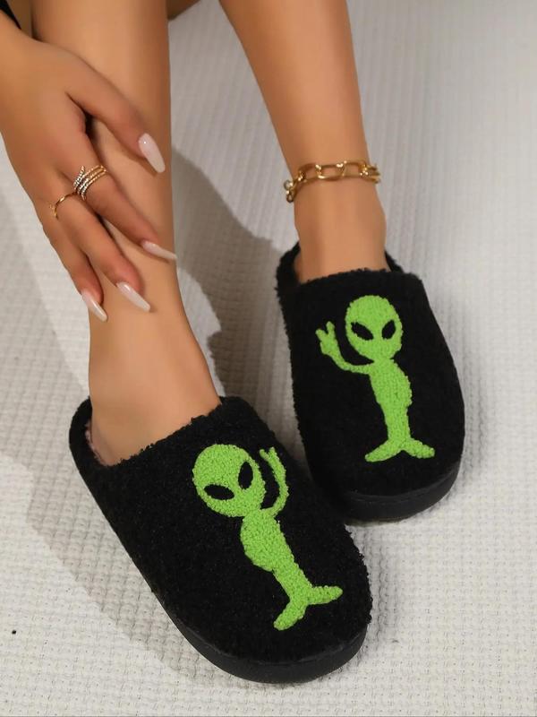 Men's Cute Cartoon Alien Pattern Plush Slippers, Casual Soft Comfortable Home Slippers, Warm Slippers for Indoor & Outdoor Use for All Seasons