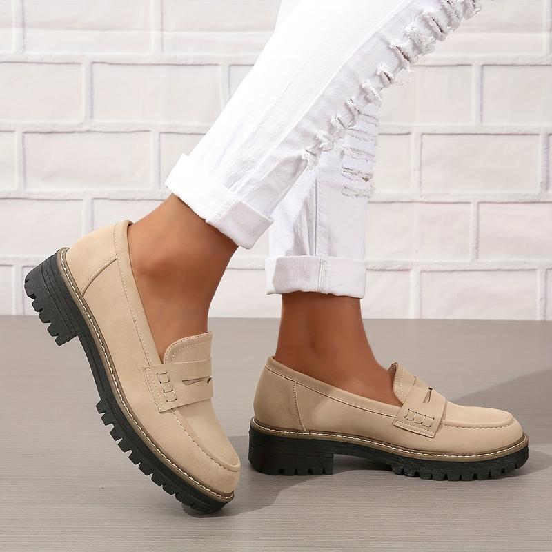 Women's Retro Solid Color  Chunky Loafers, Round Toe Slip On Shoes, All-Match Faux Leather Shoes Footwear Walking Shoes