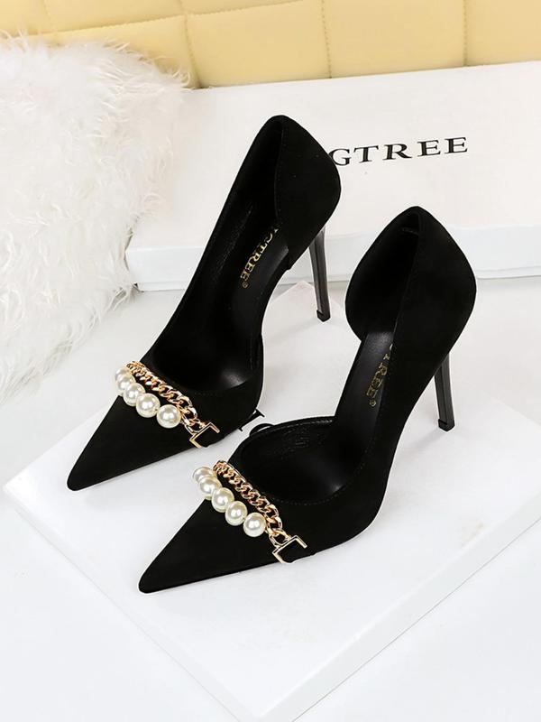 Women's Faux Pearl & Chain  Decorated High Heel Shoes, Elegant Pointed Toe Pumps for Party, Banquet, Fashionable Shoes for Daily Wear