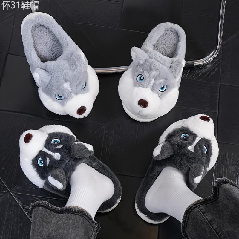 Men'S Cute Husky Style Slippers, Soft and Durable, Unisex Indoor Shoes, Waterproof Sole, Warm Winter Slippers, Casual Round Toe, One-Size-Fits-All, Cartoon Pattern, Fabric Lining and Sole Boy Slide Footwear Flipflop Walking Shoes Comfort Tsinelas Dance