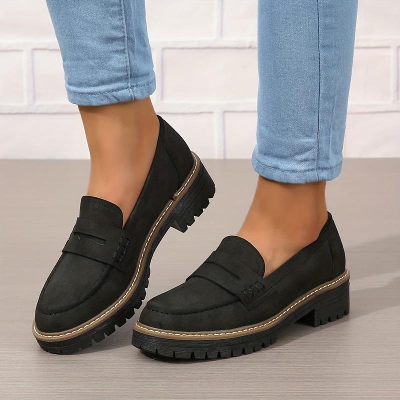 Women's Retro Solid Color  Chunky Loafers, Round Toe Slip On Shoes, All-Match Faux Leather Shoes Footwear Walking Shoes