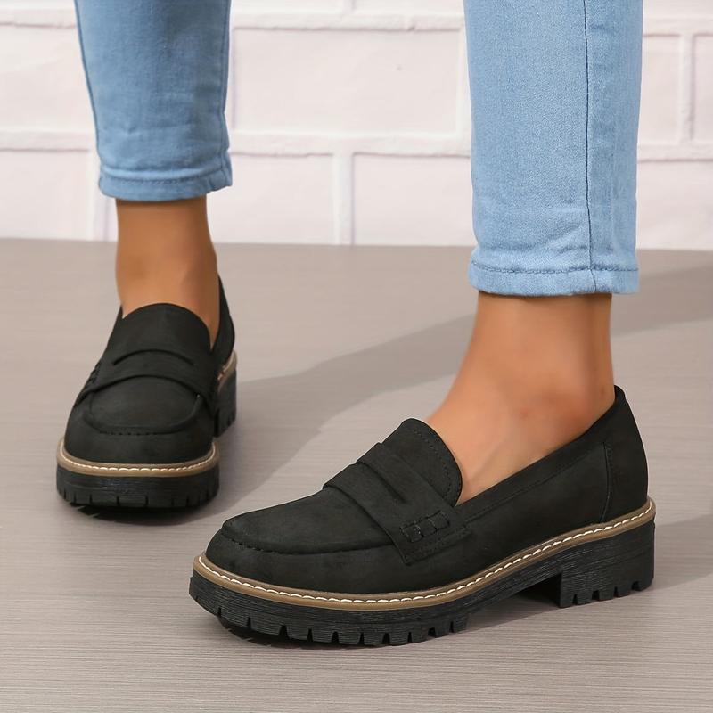 Women's Retro Solid Color  Chunky Loafers, Round Toe Slip On Shoes, All-Match Faux Leather Shoes Footwear Walking Shoes