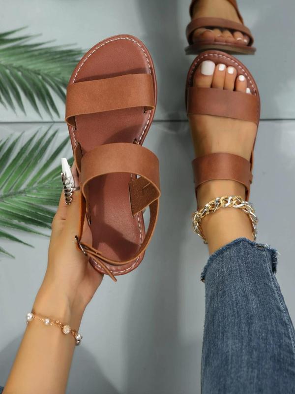 Women's Summer 2024 Fashion Solid Double Band Design Flat Sandals, Casual Versatile Vacation Beach Shoes, Trendy Matching Buckle Decor Summer Shoes, Girl's Walking Shoes