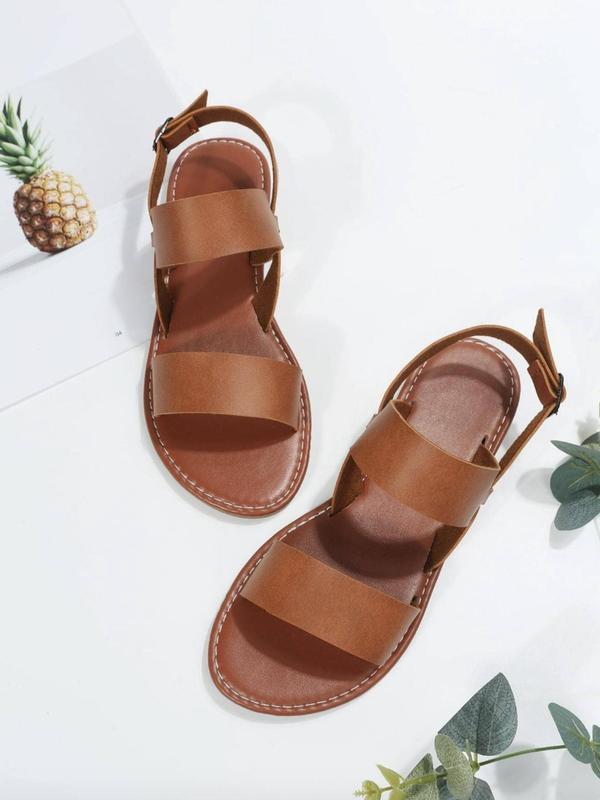 Women's Summer 2024 Fashion Solid Double Band Design Flat Sandals, Casual Versatile Vacation Beach Shoes, Trendy Matching Buckle Decor Summer Shoes, Girl's Walking Shoes