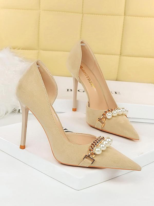 Women's Faux Pearl & Chain  Decorated High Heel Shoes, Elegant Pointed Toe Pumps for Party, Banquet, Fashionable Shoes for Daily Wear