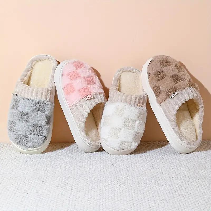 Cozy Checkered Fuzzy Slippers - Warm Closed-Toe Soft Sole Comfort Shoes - Plush Home Slippers with Fuzzy Lining for Cold Weather Women Walking Shoes