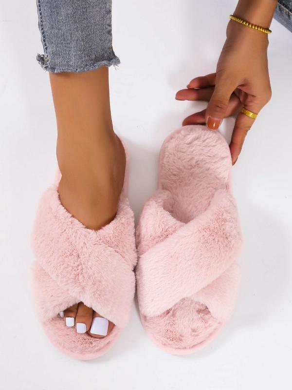 Women's Fashion Solid Color Faux Fur Slide Slippers Back To School, Comfort Sandals, Casual Soft Plush Home Slippers for Women, Home Indoor Criss Cross Bedroom House Slippers, Fluffy Fuzzy Slippers Shoes, Birthday Gifts