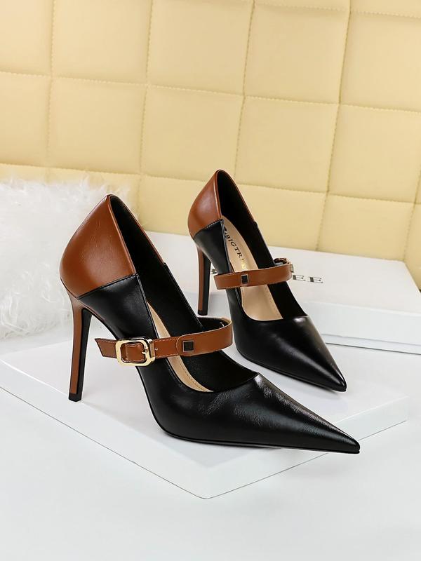 Women's Fashionable Solid Color Stiletto Heels, Buckle Patched Design Pointed Toe High Heels for Party, Daily Wear